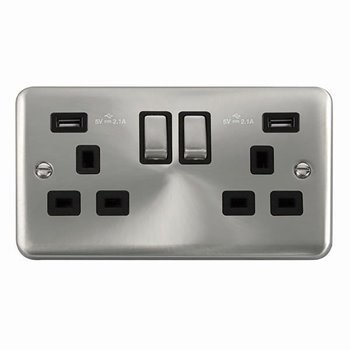 Click Deco Plus 13A Ingot 2 Gang Switched Socket Outlet Satin Chrome With Twin USB (Total 4.2A) Outlets DPSC580BK